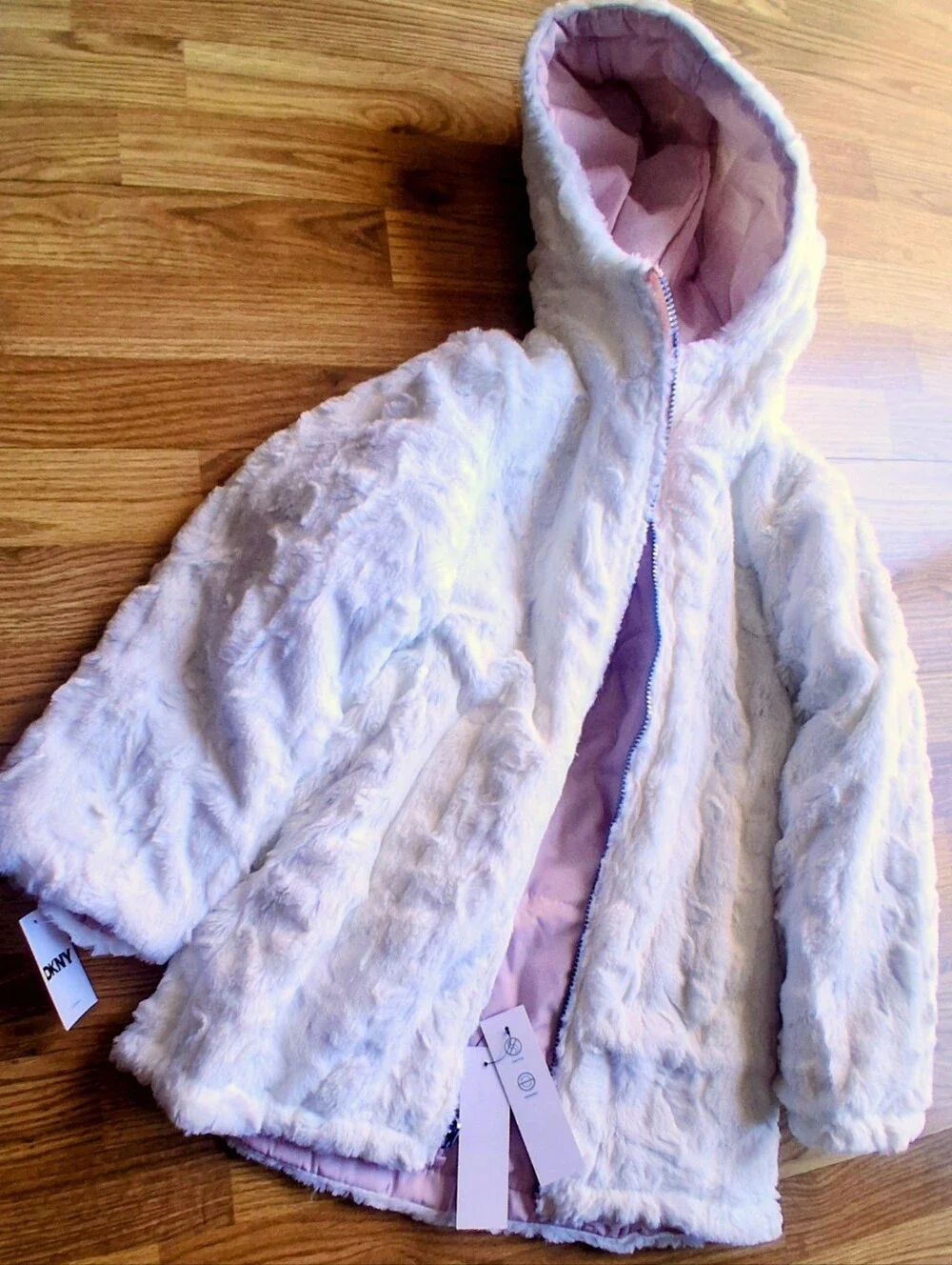 NWT DKNY girls REVERSIBLE COAT, Pale Pink/white Fuzzy Faux Fur, Sz 6X  MSRP $130